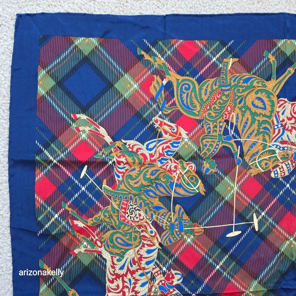 Vintage Carlisle Silk Scarf Plaid Polo Horses Equestrian Hand Rolled Preppy - Picture 6 of 9